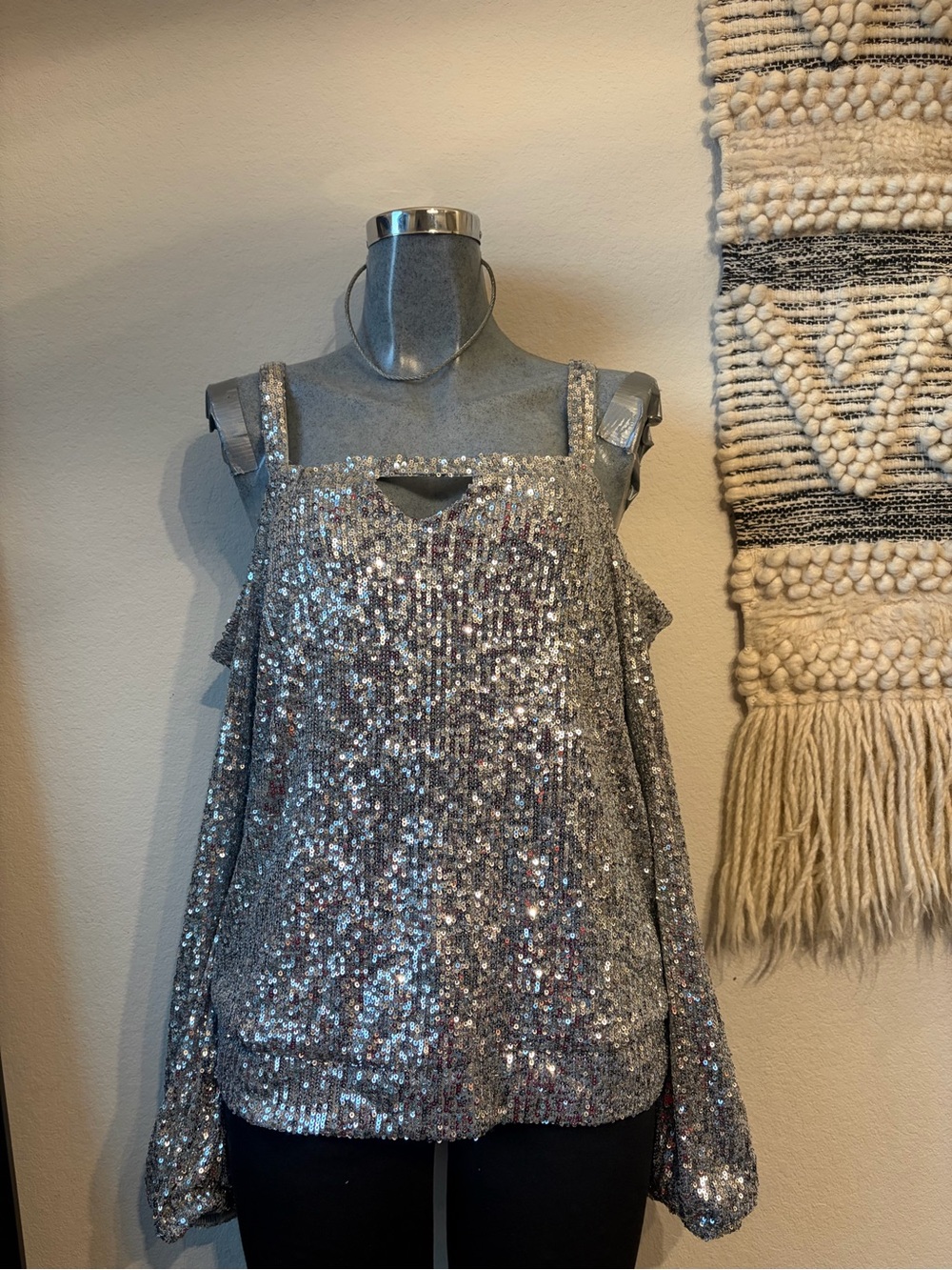 Cable & Gauge Silver Sequin Cold-Shoulder Blouse - Picture 2 of 5
